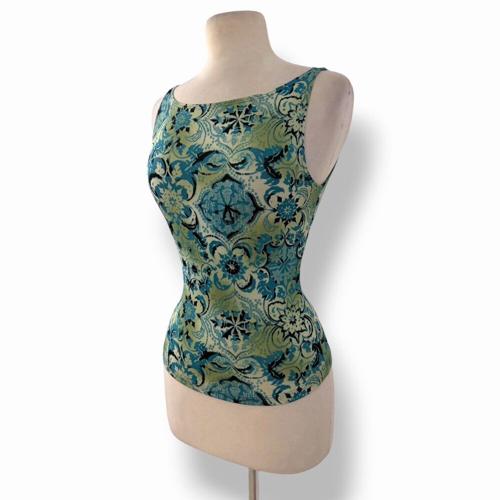VTG Charlotte Russe Y2K Boho Medallion Boatneck Tank Top Green Blue Large - Picture 4 of 11